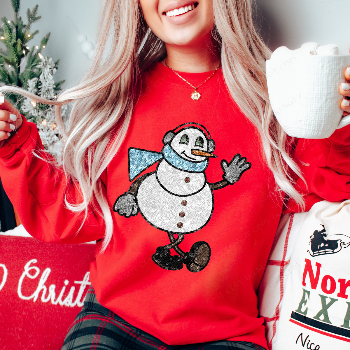 Snowman Christmas Character in Faux Sequin Digital Design, PNG