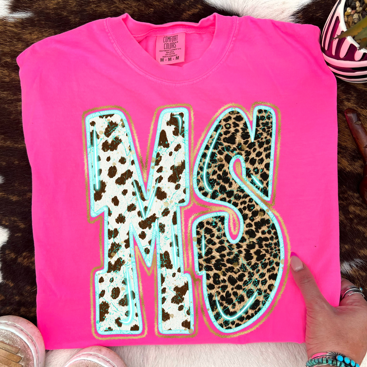 MS Mississippi Turquoise Glow Gold Foil Western Leopard & Cow Print Digital Design, PNG Only