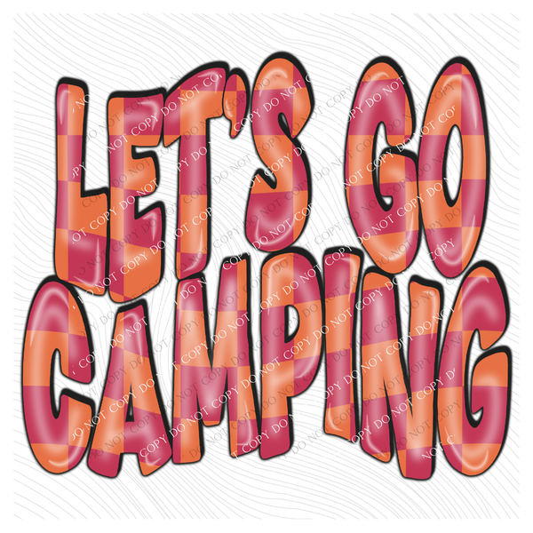 Let’s Go Camping 3D Retro Wavy Checkered in Pink & Orange Digital Design, PNG