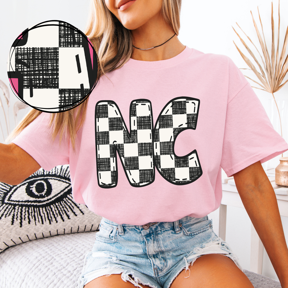 NC North Carolina Bubble Stitch Distressed Checkers Black White Digital Design, PNG