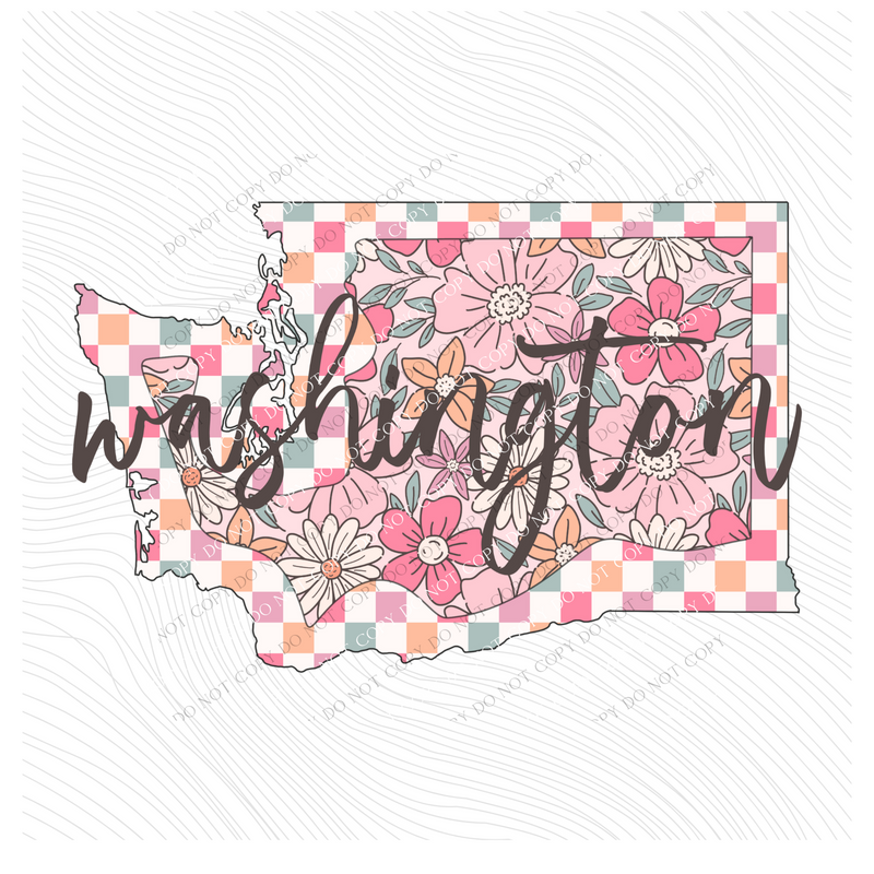 Washington Checkered Floral in Summery Colors Digital Design, PNG