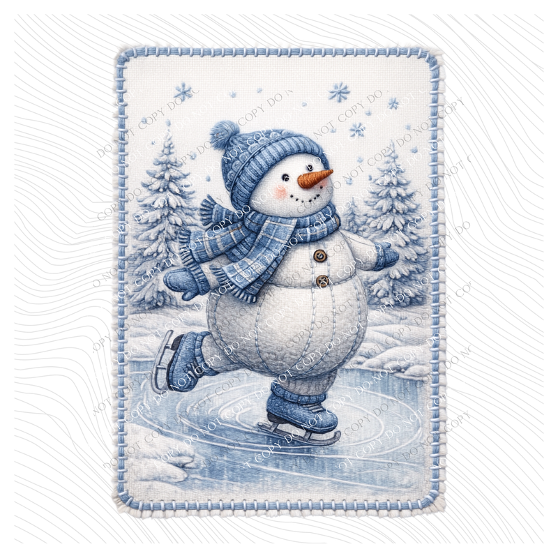 Ice Skating Snowman Faux Patch Digital Download, PNG