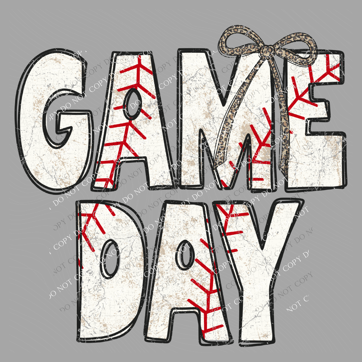 Game Day Baseball Stitch Leopard Bow Doodle Distressed Digital Design, PNG