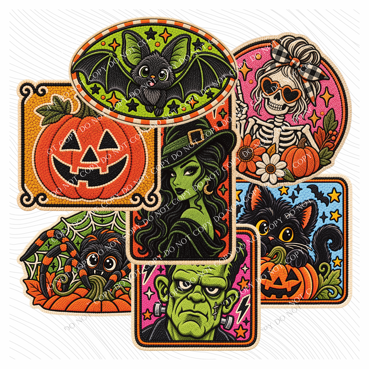 Vintage Halloween Collage Faux Chenille Patch Digital Design, PNG