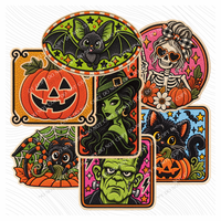 Vintage Halloween Collage Faux Chenille Patch Digital Design, PNG
