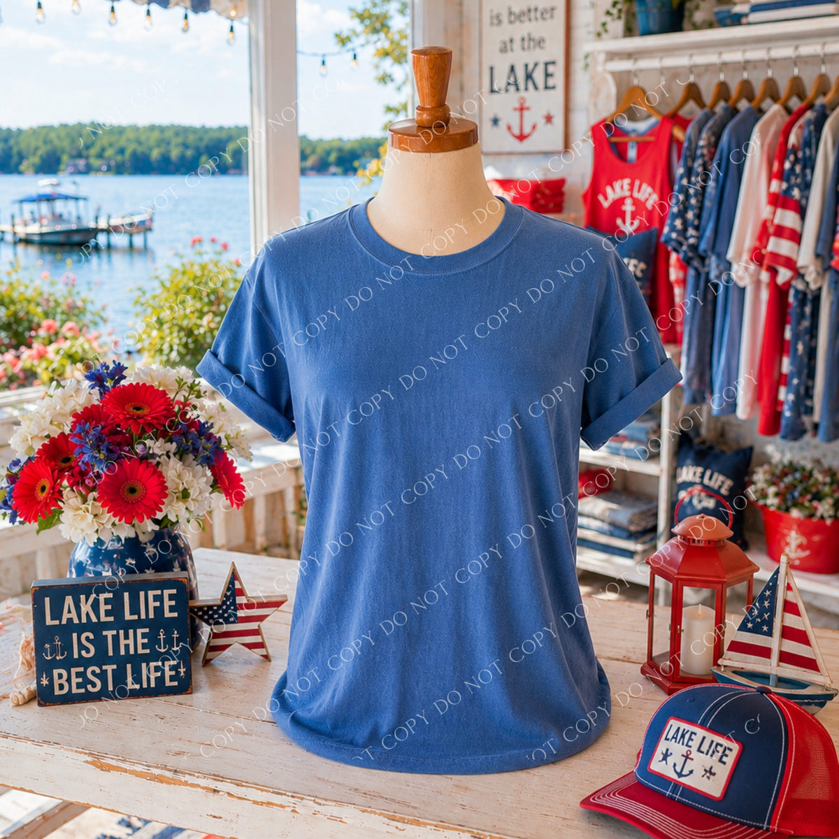 Patriotic Lake Side Blank Mockup, Comfort Colors Mystic Blue