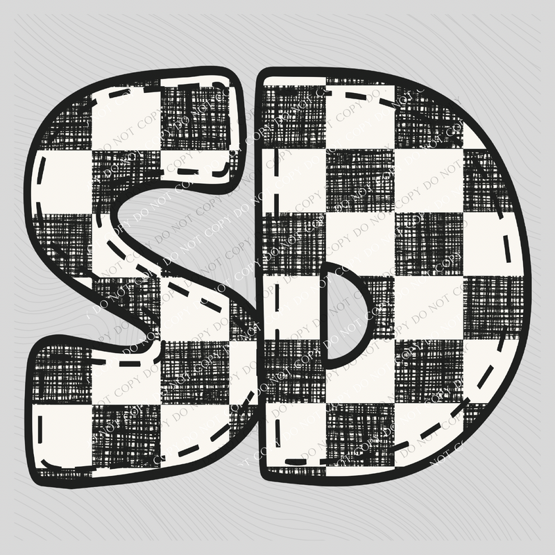 SD South Dakota Bubble Stitch Distressed Checkers Black White Digital Design, PNG