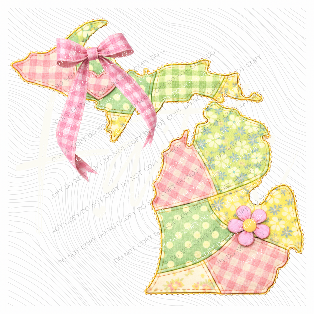 Michigan Spring Tones Quilted Faux State Patch with Bow Digital Design, PNG