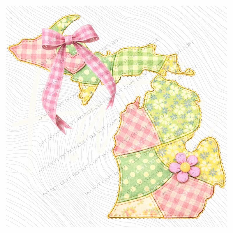 Michigan Spring Tones Quilted Faux State Patch with Bow Digital Design, PNG