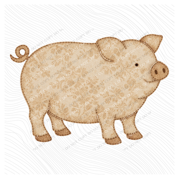 Pig Vintage Floral Faux Patch Digital Design, PNG