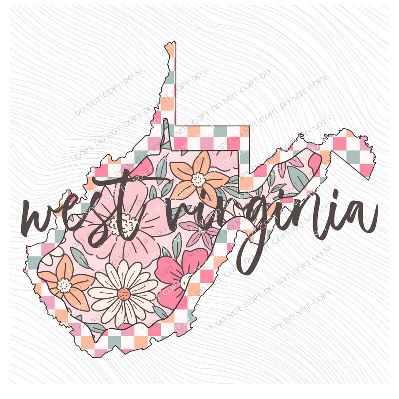 West Virginia Checkered Floral in Summery Colors Digital Design, PNG