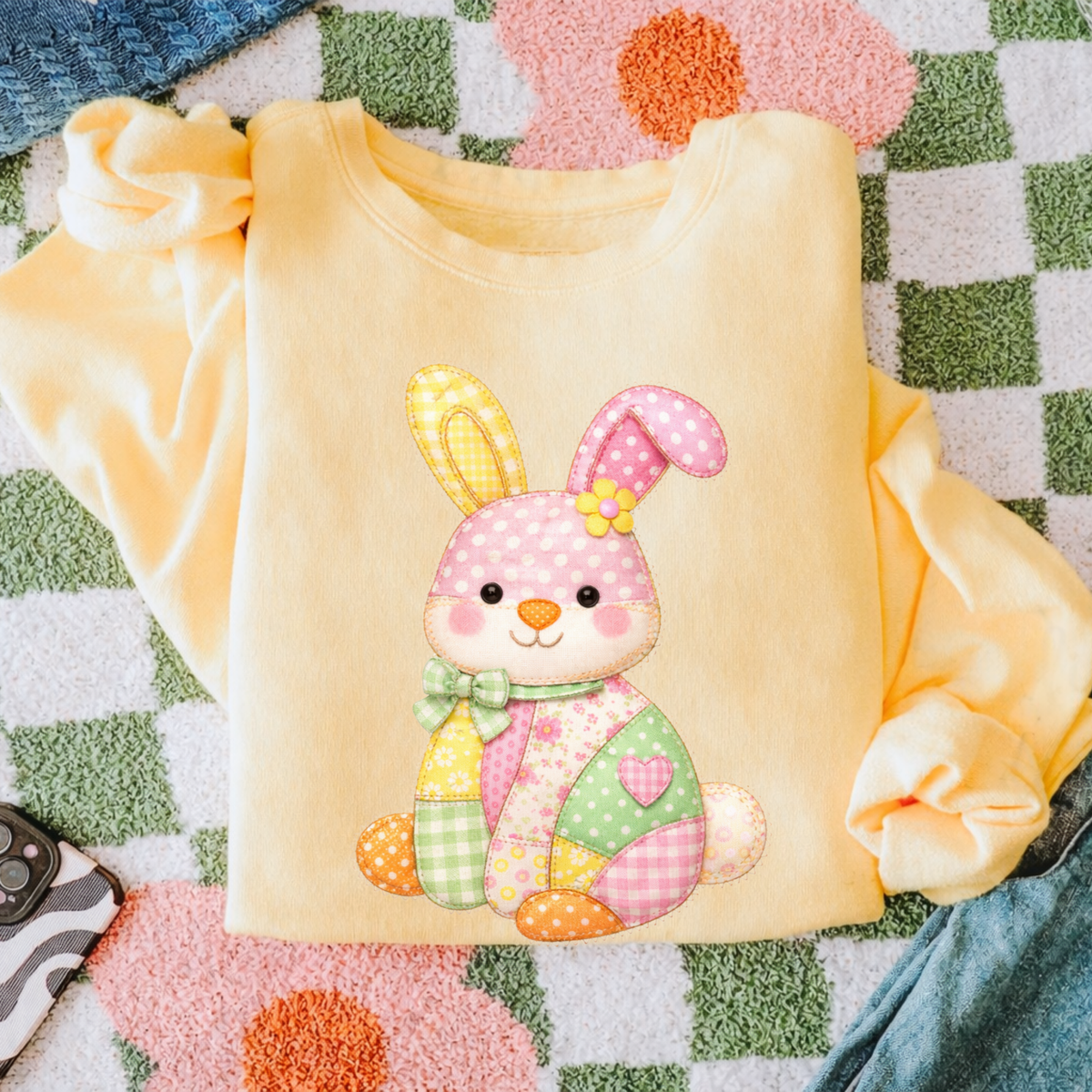 Cute Bunny Spring Tones Quilted Faux Patch Digital Design, PNG