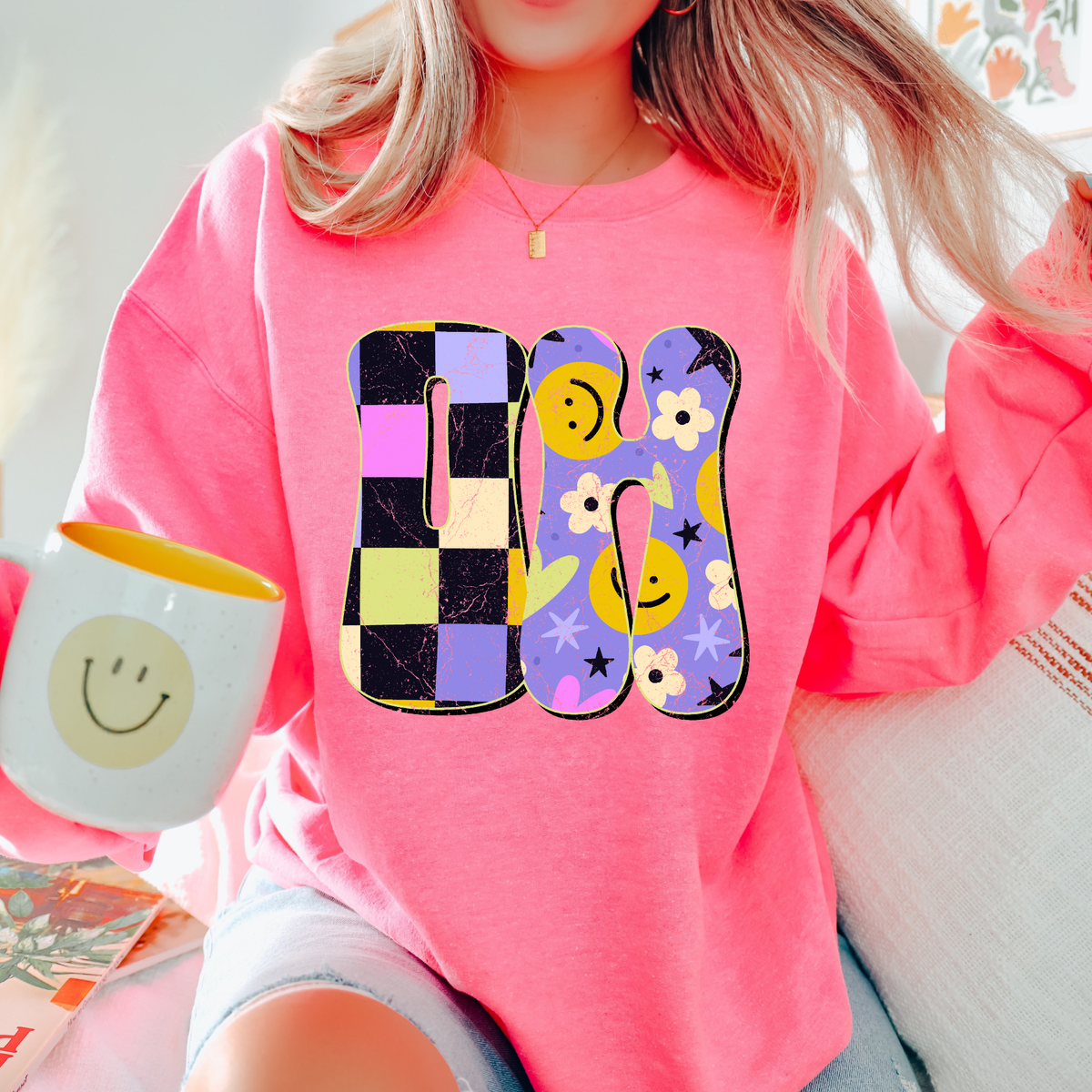 OH Ohio Groovy Happy Neon Checkers Digital Design, PNG