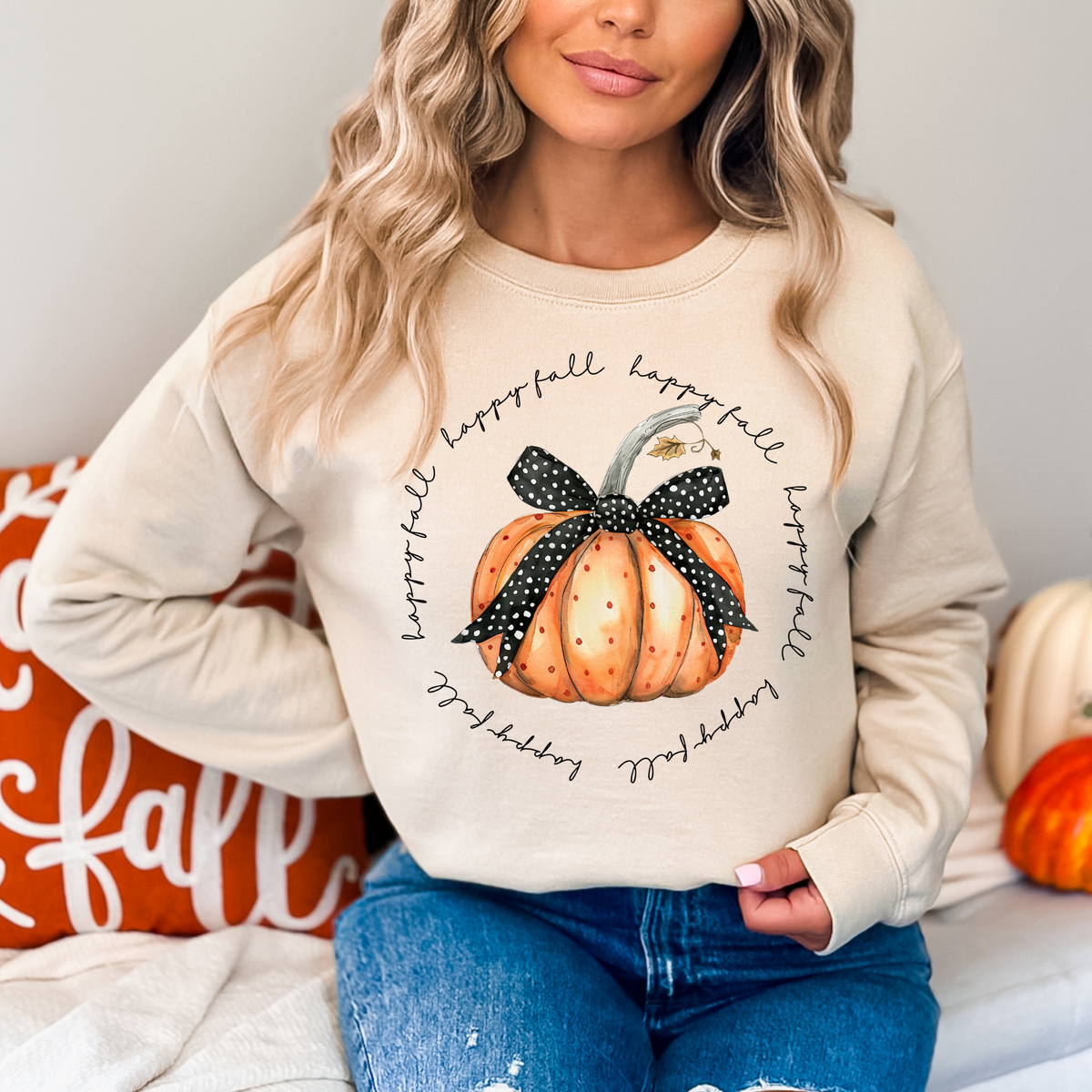 Happy Fall Polka Dot Bow Pumpkin Circle Digital Design, PNG