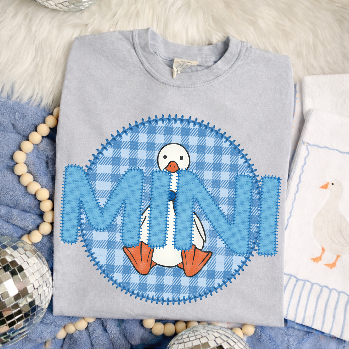 Mini Goose Faux Embroidery Stitch Gingham Texture Circle Blue Digital Design, PNG