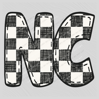 NC North Carolina Bubble Stitch Distressed Checkers Black White Digital Design, PNG