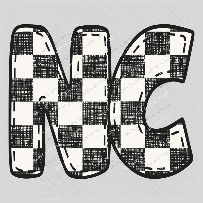 NC North Carolina Bubble Stitch Distressed Checkers Black White Digital Design, PNG