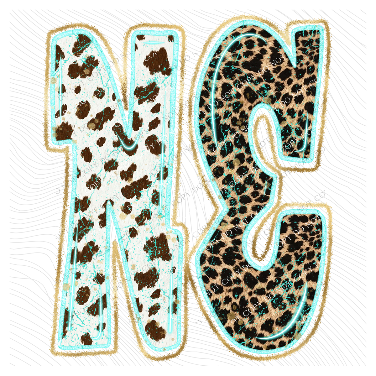 NE Nebraska Turquoise Glow Gold Foil Western Leopard & Cow Print Digital Design, PNG Only