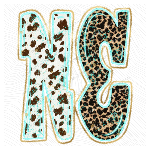 NE Nebraska Turquoise Glow Gold Foil Western Leopard & Cow Print Digital Design, PNG Only