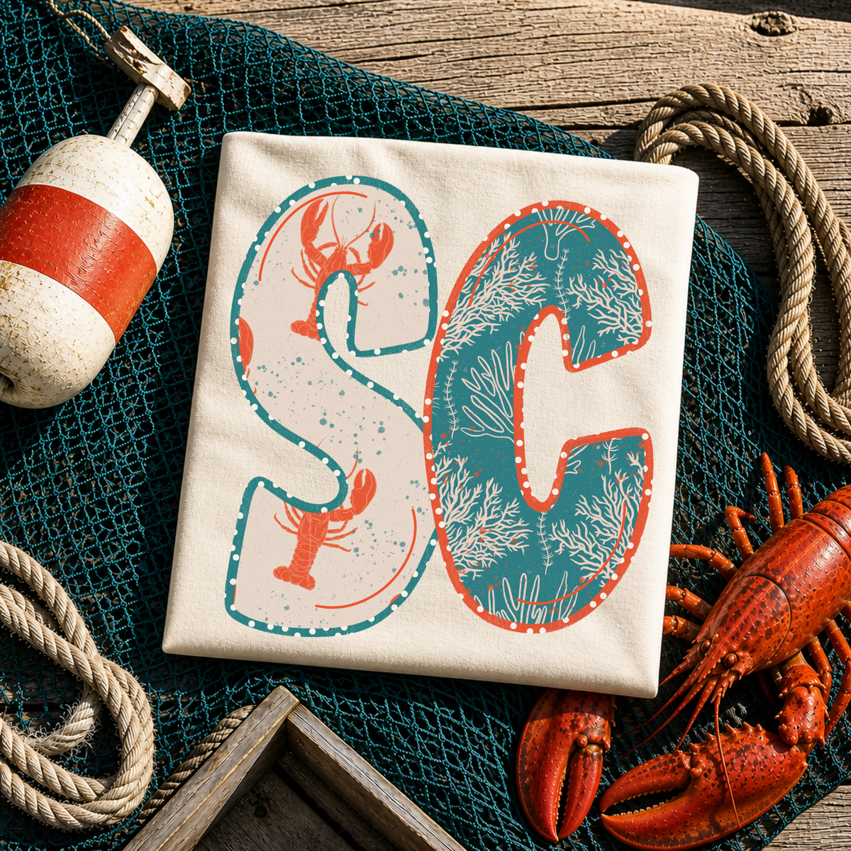 SC South Carolina  Lobster Coral Reef Polka Dot Outline Digital Design, PNG