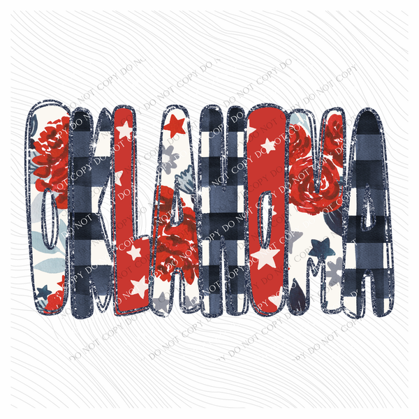 Oklahoma Glitter, Floral, Gingham & Stars Patriotic Digital Design, PNG