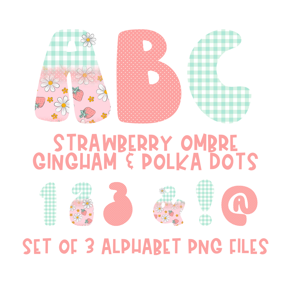 Strawberry Gingham Polka Dot Ombre 3 Full Alphabet Sets | PNG files Alphabet Letters, Digital Art, PNG Only