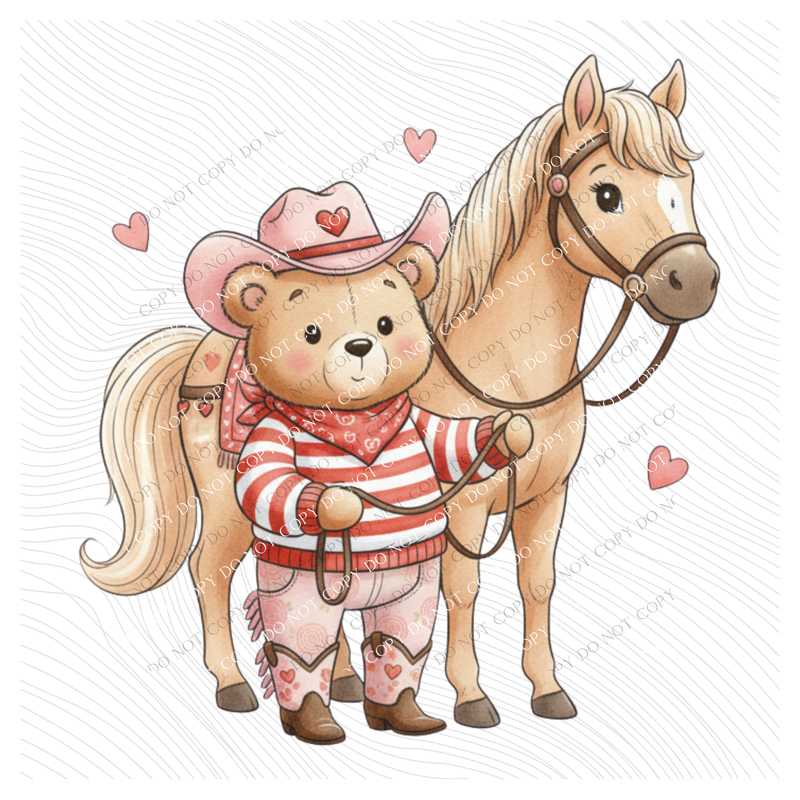Horse & Cowgirl Whimsy Bear Valentine’s Sketch Digital Design, PNG