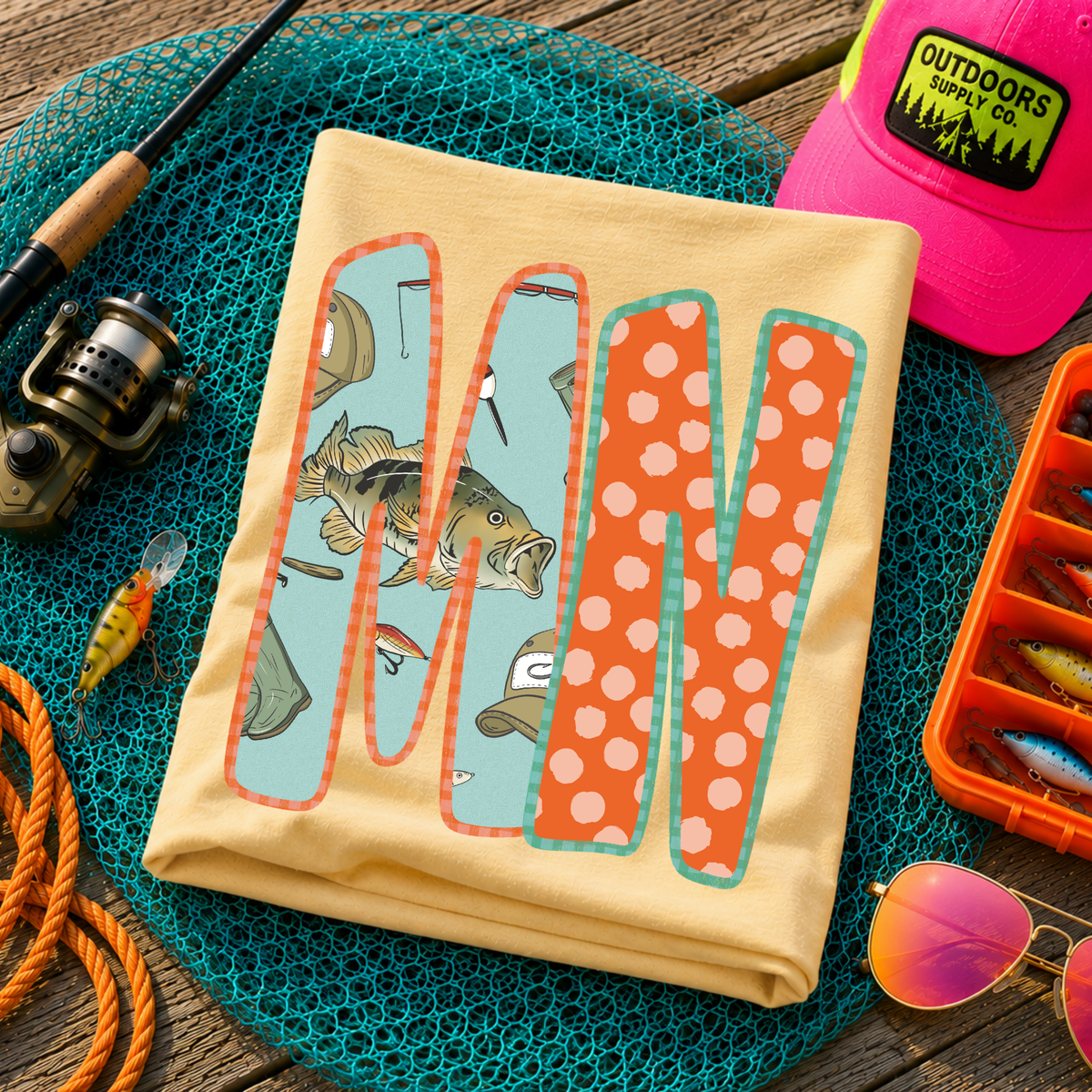 MN Minnesota Bass Fishing Polka Dot Gingham Outline Digital Design, PNG