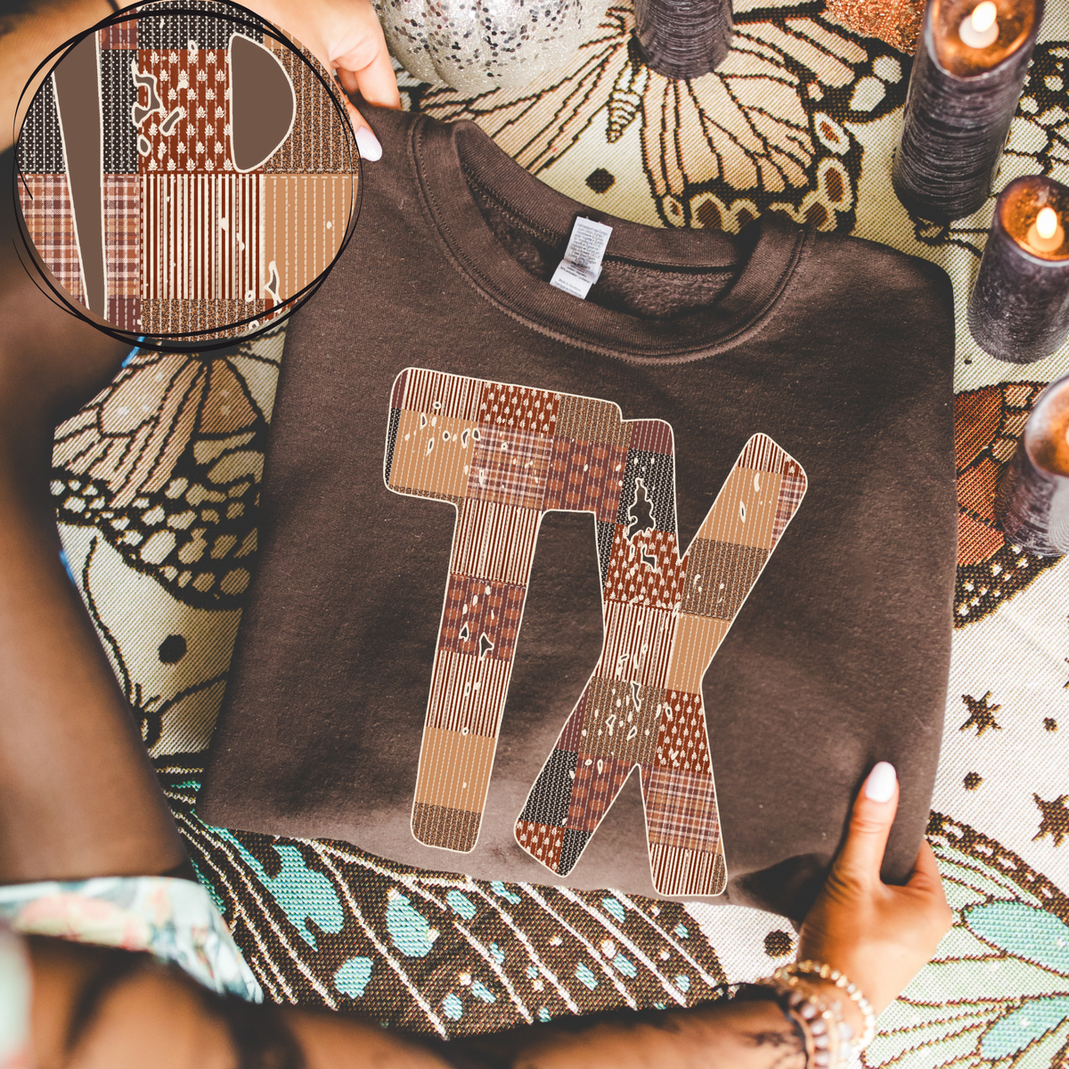 Texas TX Autumn Pumpkins Quilted Distressed Digital Design in Browns, PNG