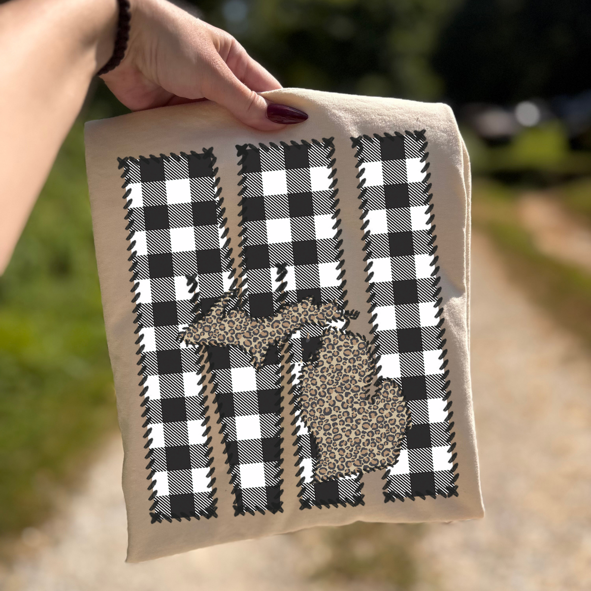 Michigan MI Stitched Buffalo Plaid & Leopard State Patch Digital Design, PNG