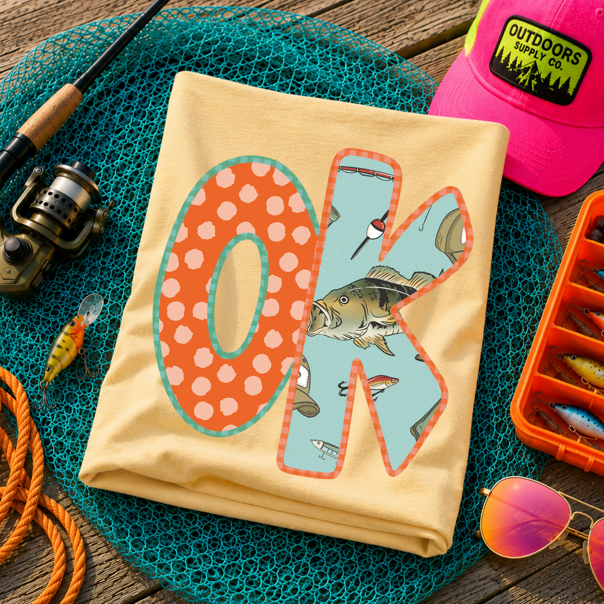OK Oklahoma Bass Fishing Polka Dot Gingham Outline Digital Design, PNG