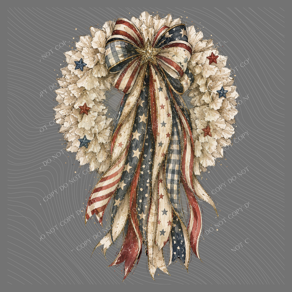 Patriotic Flag Ribbon with White Wreath, Digital Design, PNG