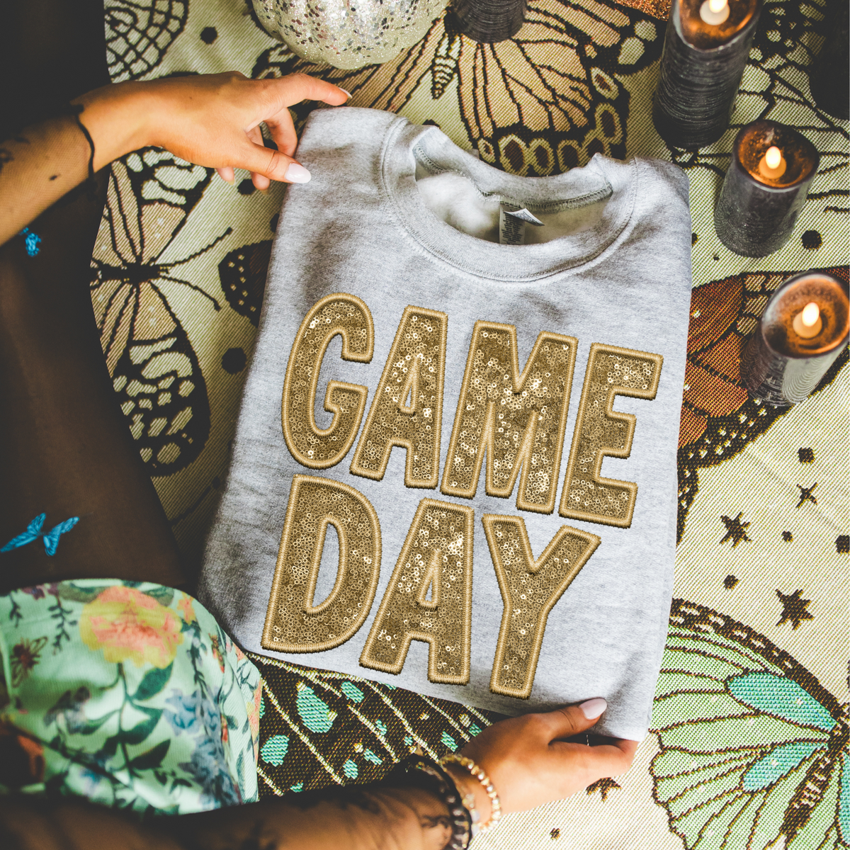 Game Day Faux Embroidery Sequin in Gold Digital Design, PNG