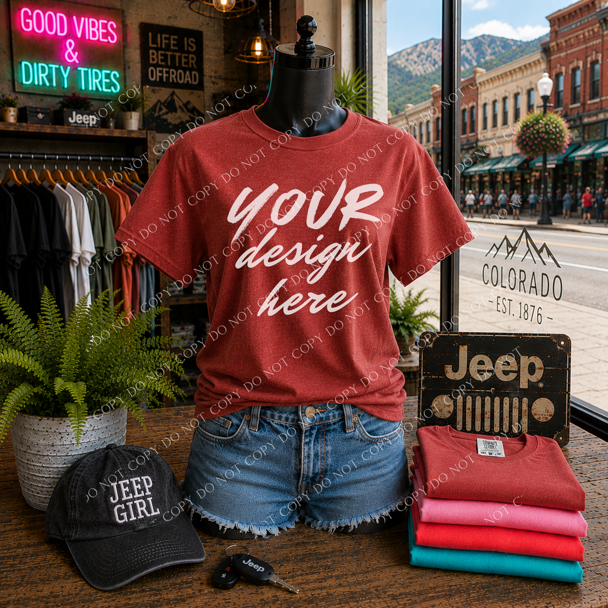 Jeep Girl Blank Mockup, Comfort Colors 1717 Brick