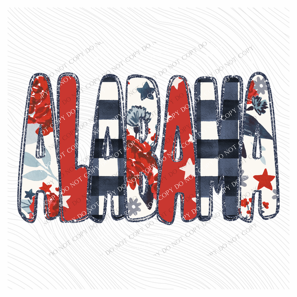 Alabama Glitter, Floral, Gingham & Stars Patriotic Digital Design, PNG