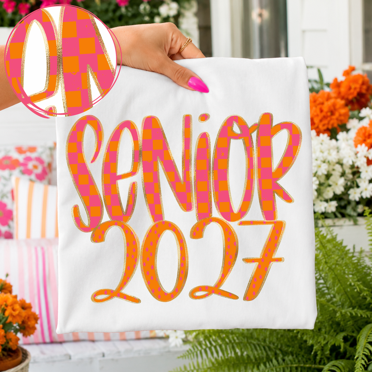 Senior 2027 Checkers, Dots & Foil in Orange and Pink Digital Design, PNG