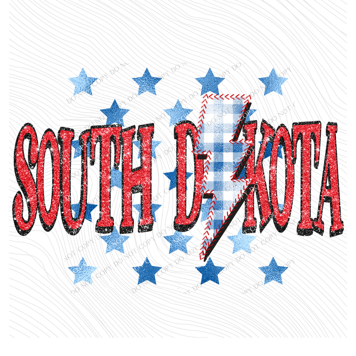 South Dakota Glitter with Foil Stars & Gingham Stitched Bolt in Red, White & Blue Patriotic Digital Design, PNG