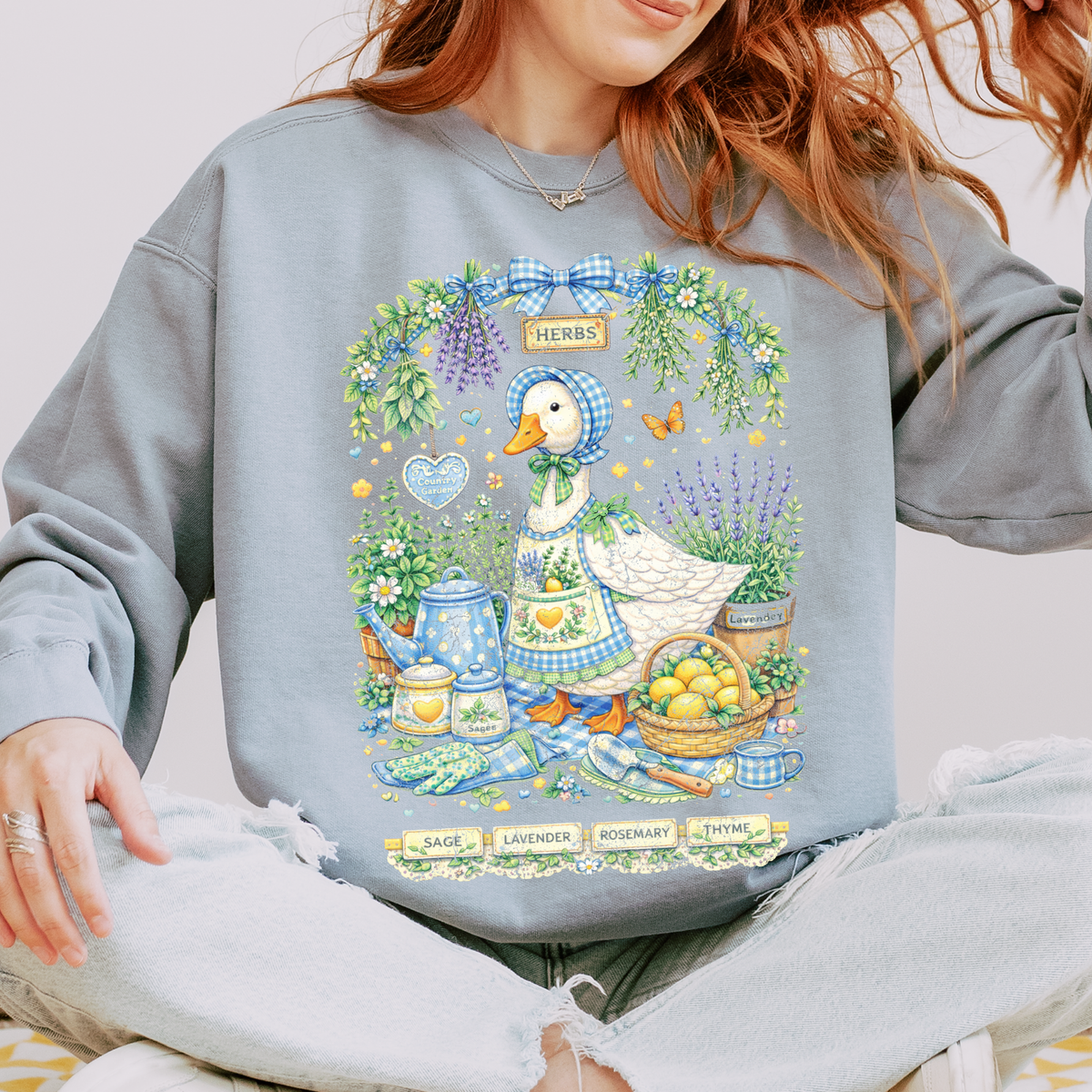 Herbs Gingham Goose Distressed Digital Design, PNG
