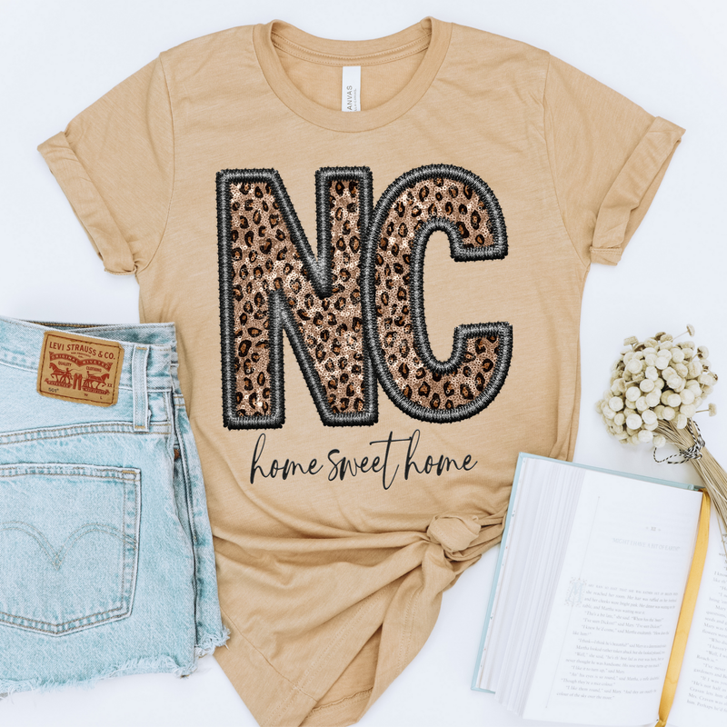 NC North Carolina Faux Embroidery Leopard Sequin with separate Home Sweet Home Script in Black,  Digital Design, PNG