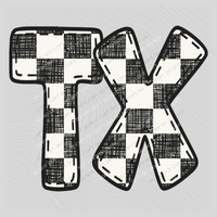 TX Texas Bubble Stitch Distressed Checkers Black White Digital Design, PNG