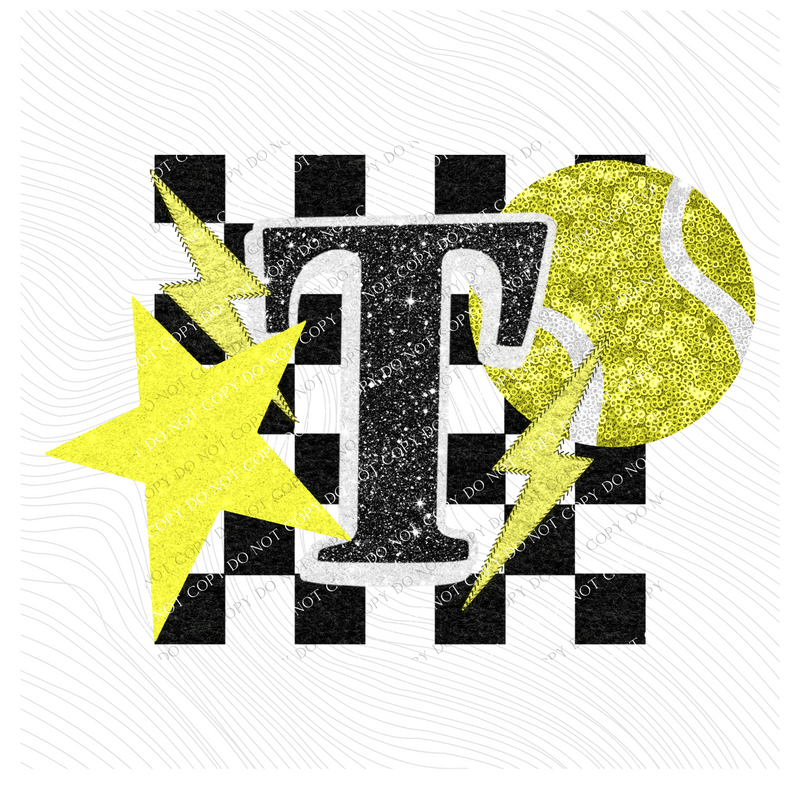Tennis Checkered Glitter Star & Stitched Bolt with Sequin Ball in Yellow, Black & White Digital Design, PNG