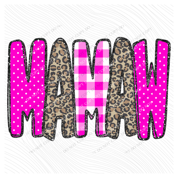 Mamaw Leopard Glitter, Gingham & Dot in Bright Pink Digital Design, PNG