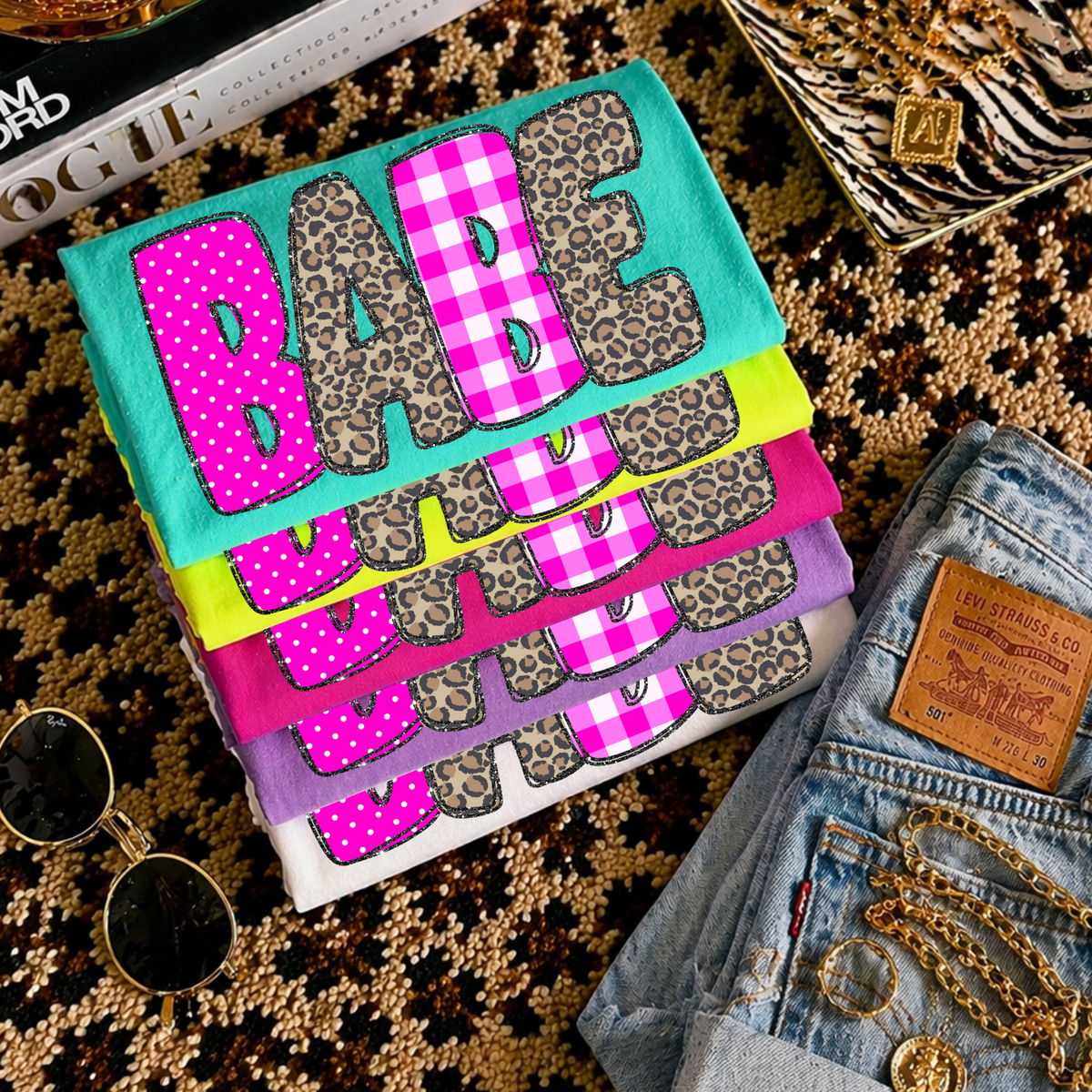 Babe Leopard Glitter, Gingham & Dot in Bright Pink Digital Design, PNG