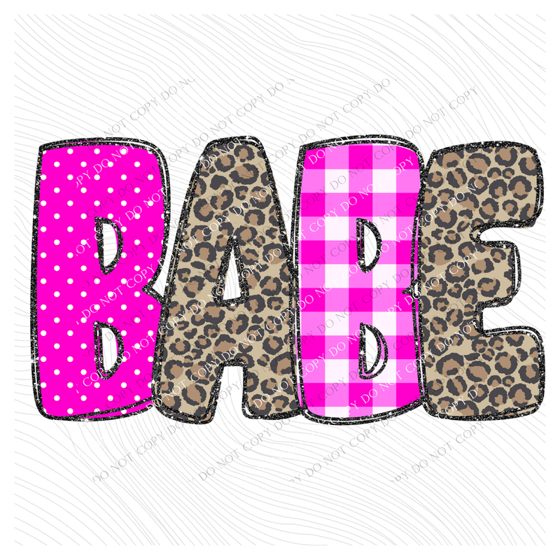 Babe Leopard Glitter, Gingham & Dot in Bright Pink Digital Design, PNG