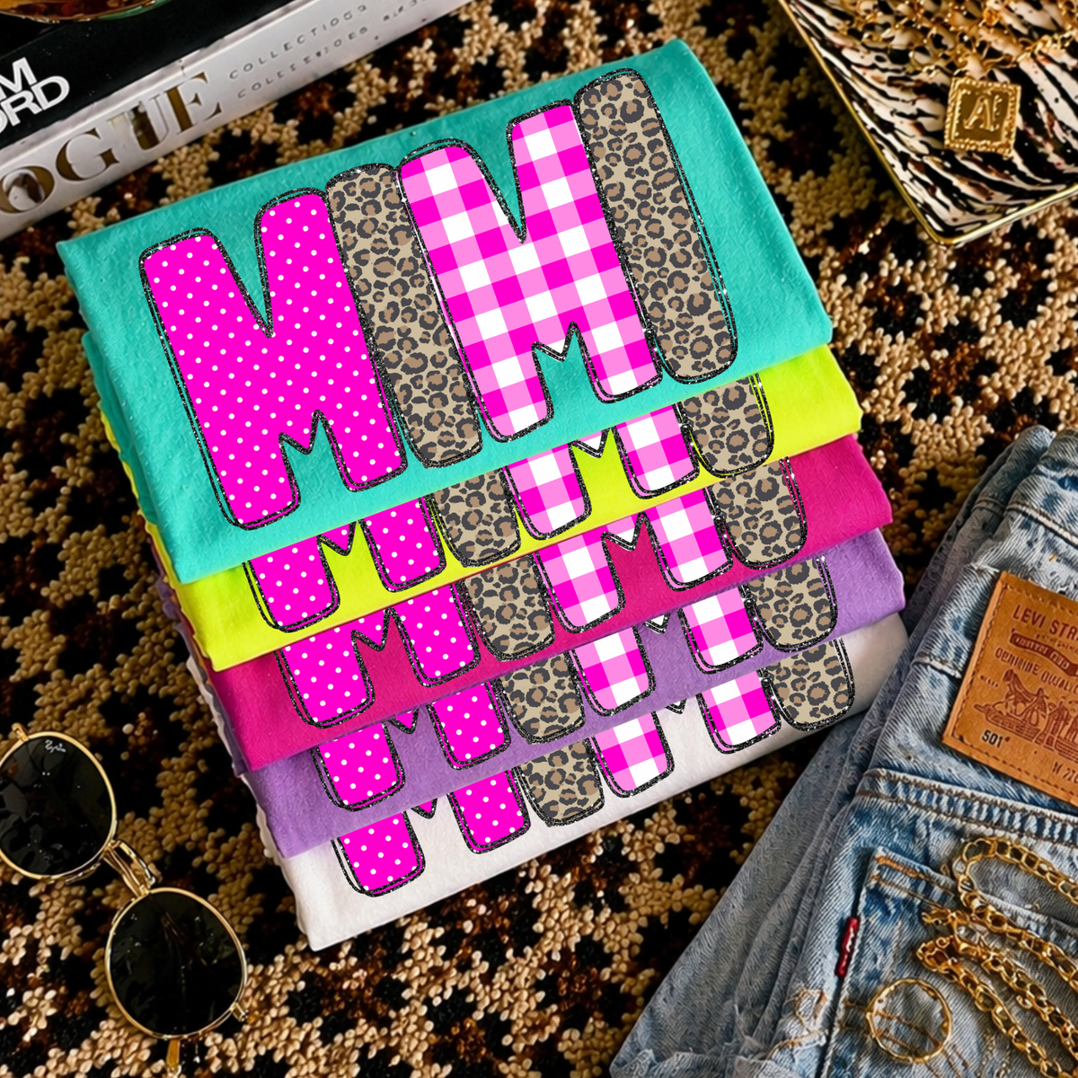 Mimi Leopard Glitter, Gingham & Dot in Bright Pink Digital Design, PNG