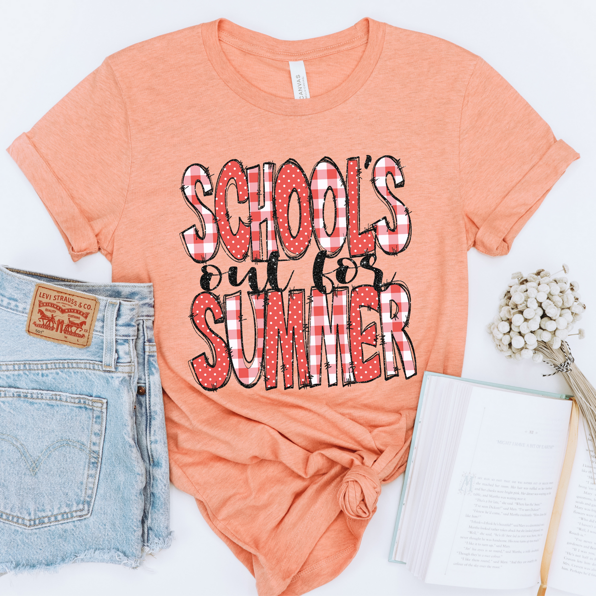 School’s out for Summer Doodle Gingham, Dots & Glitter in Coral Digital Design, PNG