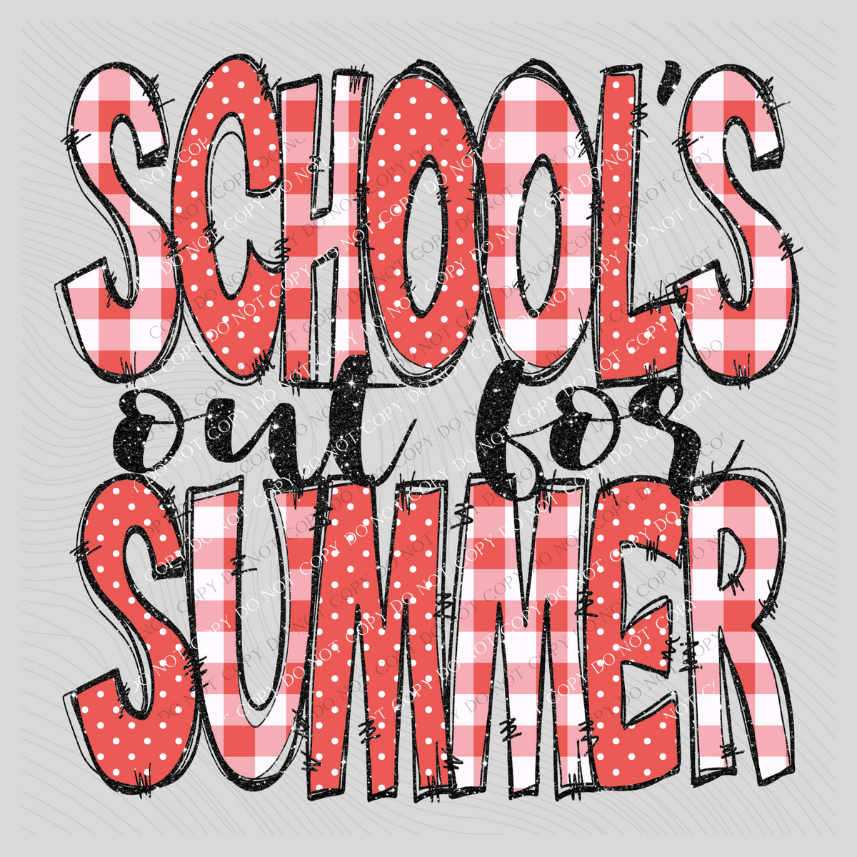 School’s out for Summer Doodle Gingham, Dots & Glitter in Coral Digital Design, PNG