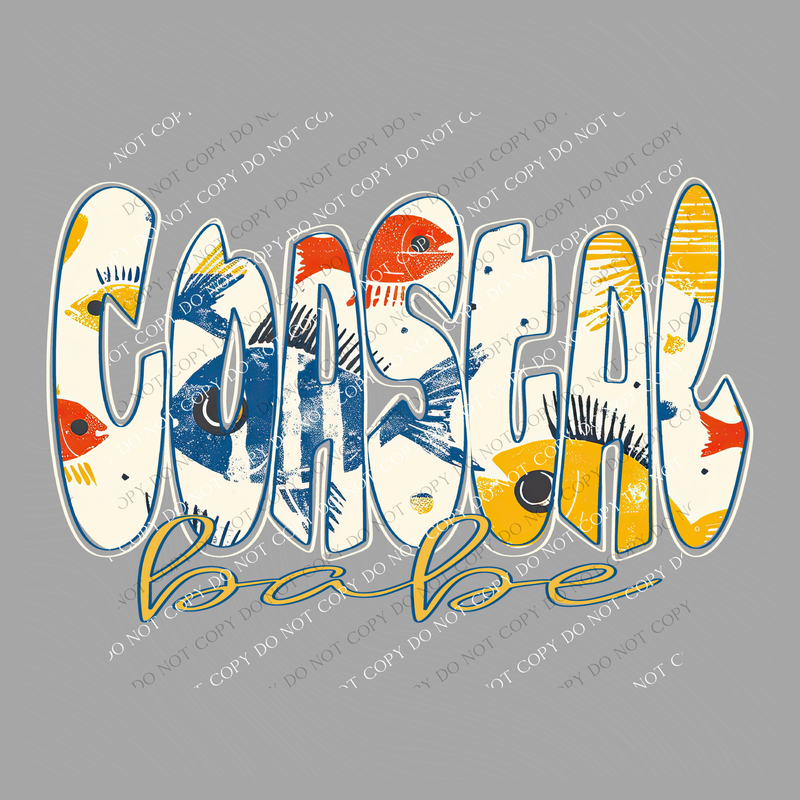 Coastal Babe Colorful Fish Doodle Outline Digital Design, PNG
