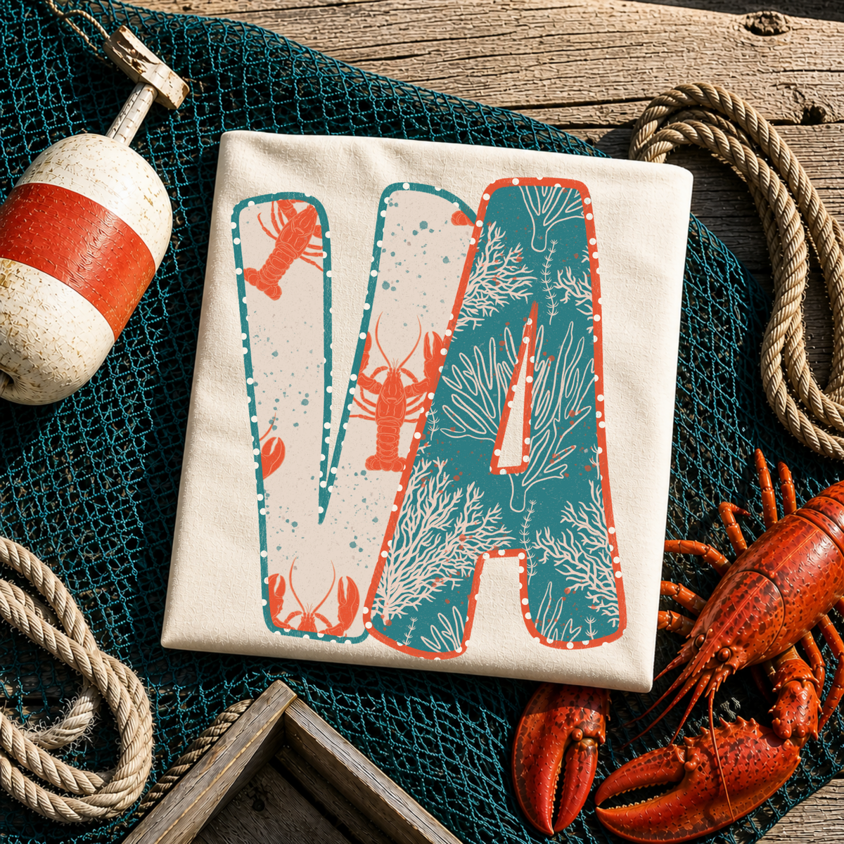 VA Virginia Lobster Coral Reef Polka Dot Outline Digital Design, PNG