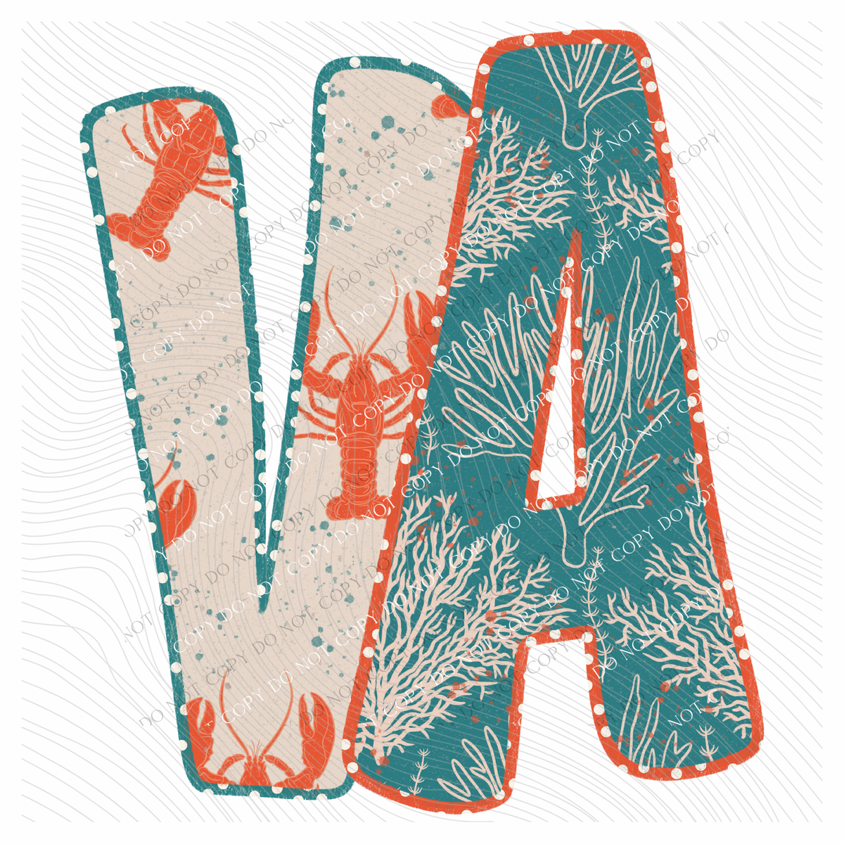 VA Virginia Lobster Coral Reef Polka Dot Outline Digital Design, PNG